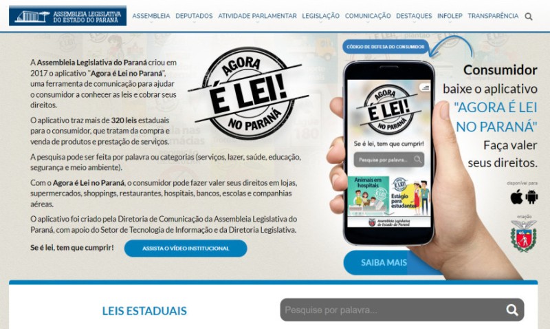 Aplicativo criado pela Assembleia Legislativa do Paraná ganha menção honrosa em premiação nacional. / Créditos: Reprodução site.